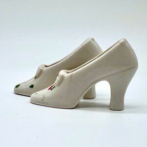 Vintage Ceramic High Heel Shoes Pair White Hand Painted Floral Decor Figurines